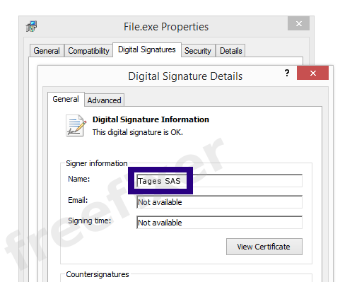 Screenshot of the Tages SAS certificate